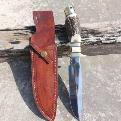 Handmade High Carbon Steel Subhilt Hunting Knife with Brass Fittings & Leather Sheath