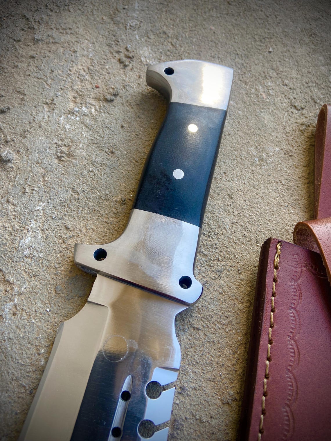 Handmade hunting bowie knife with leather sheath — great personalized gift for outdoorsmen.