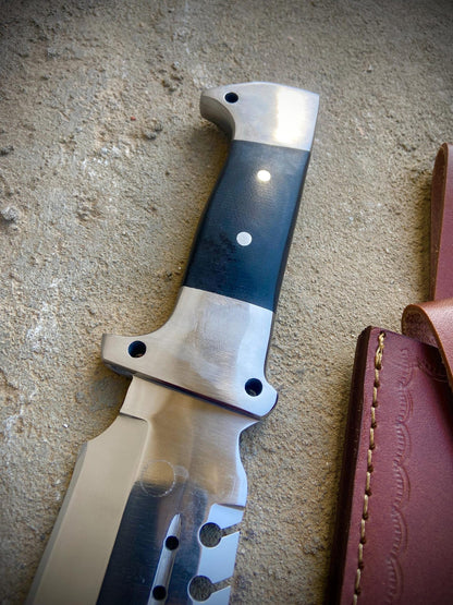 Handmade hunting bowie knife with leather sheath — great personalized gift for outdoorsmen.