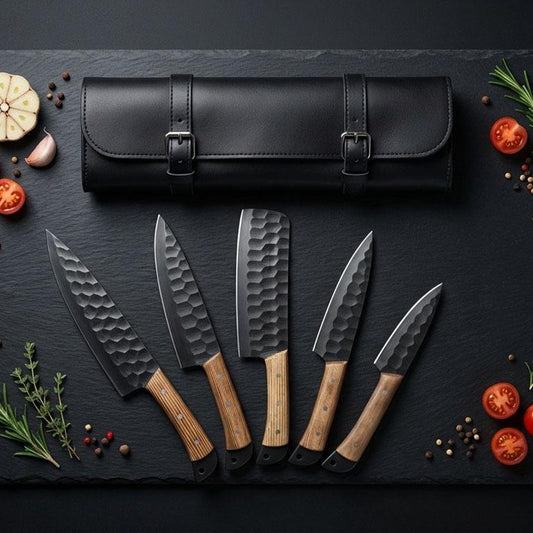 Under coated Damascus chef knife set displayed with premium leather roll
