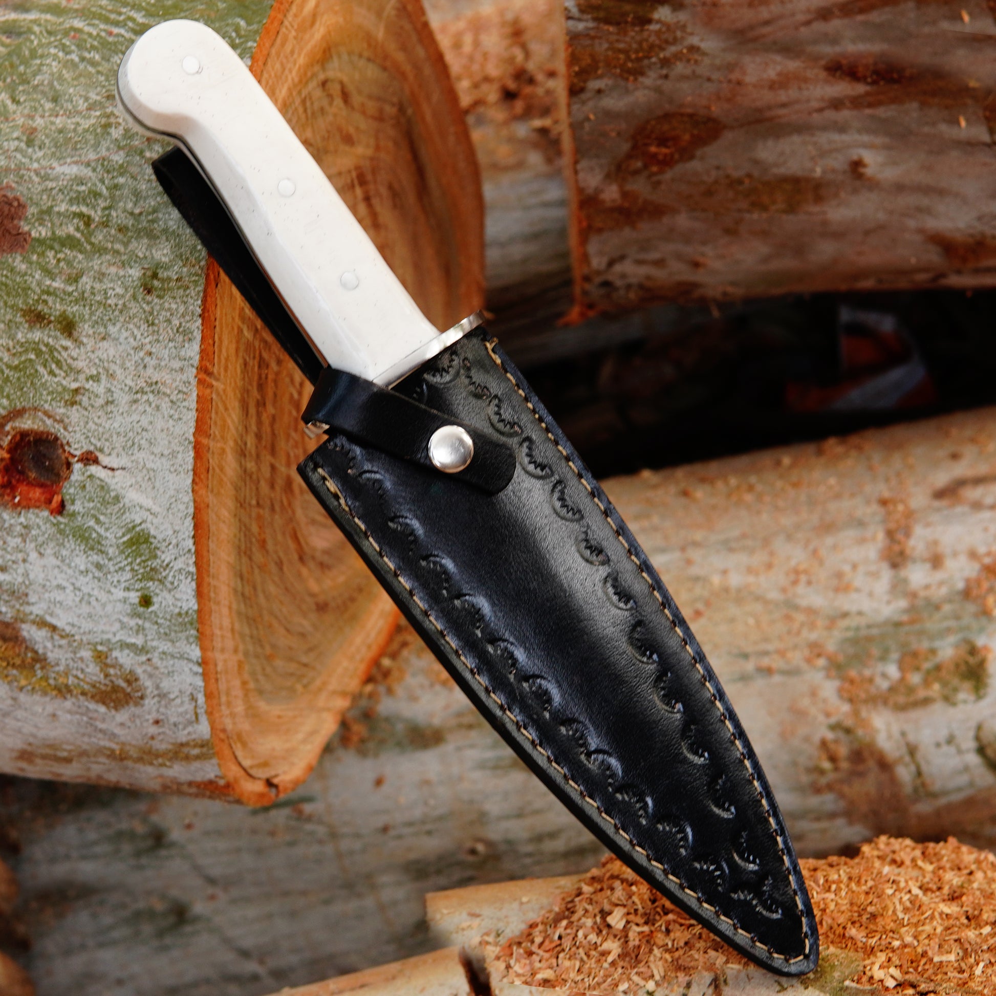 Close view of white handle bowie knife highlighting ergonomic grip and polished steel blade positioned in outdoor environment designed for camping, hiking and outdoor use with strong full tang construction.